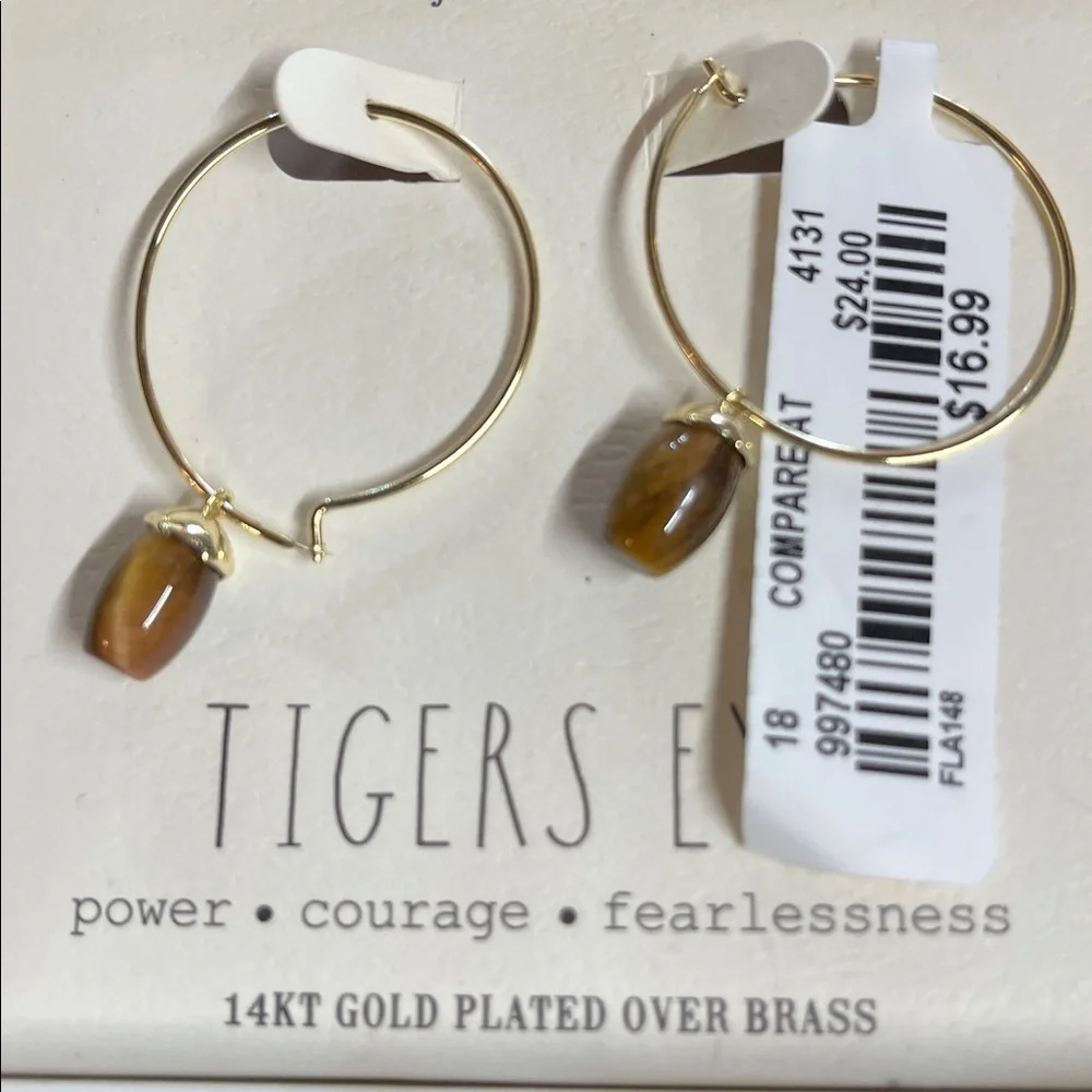 Rae Dunn Tiger Eye 14kt Gold Plated Over Brass Pierced Earrings. P